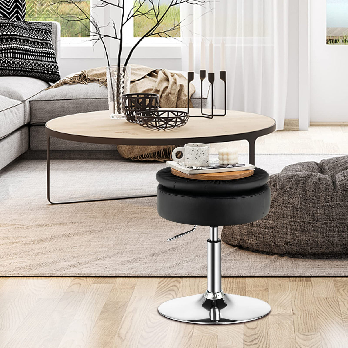 Vanity Stool with Storage, 360° Swivel PU Leather Vanity Chair, 50-66cm Height Adjustable Makeup Stool with Flipped Lid