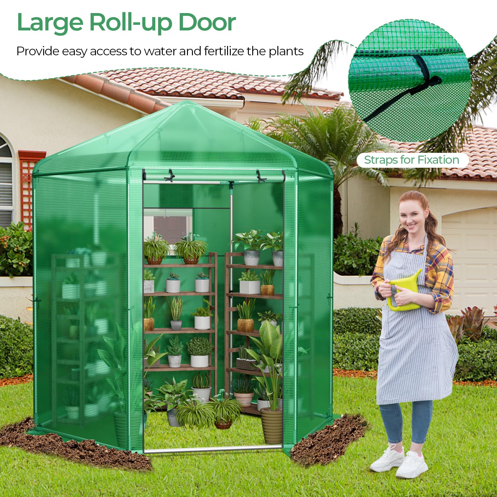 Walk-in Greenhouse, Hexagonal Greenhouse with PE Cover & Metal Frame, Winter Greenhouse with 2-Layered Window & Roll-Up Door