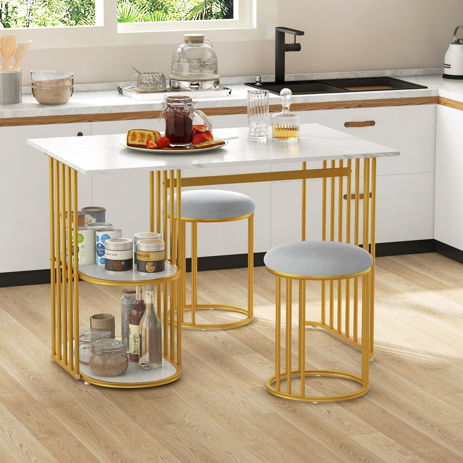 3PCS Dining Table Set Rectangular Dining Table & 2 Stools Kitchen Furniture