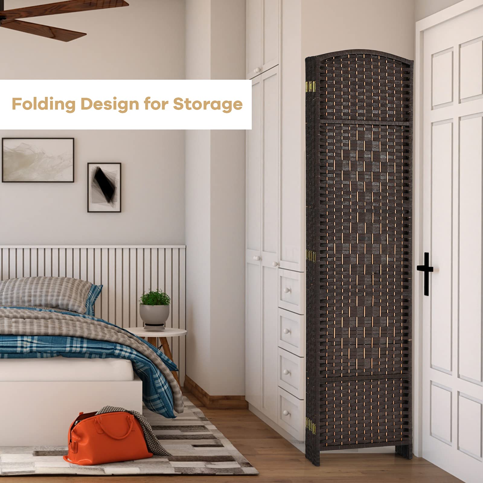 6-Panel Screen Room Divider, 6Ft Folding Privacy Screen w/Hand-woven Rattan