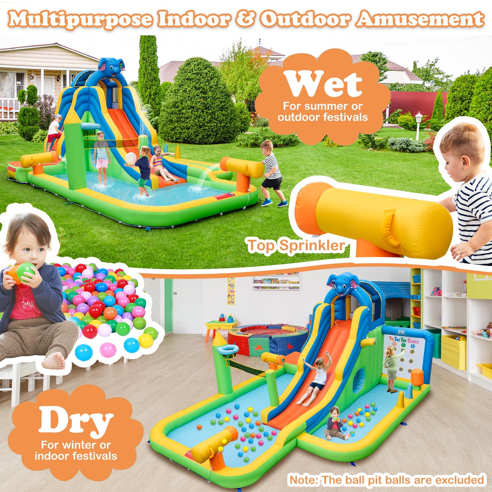 HONEY JOY Inflatable Water Slide, 9-in-1 Water Park Jumping Castle W/Ring-toss Game, Volleyball Area