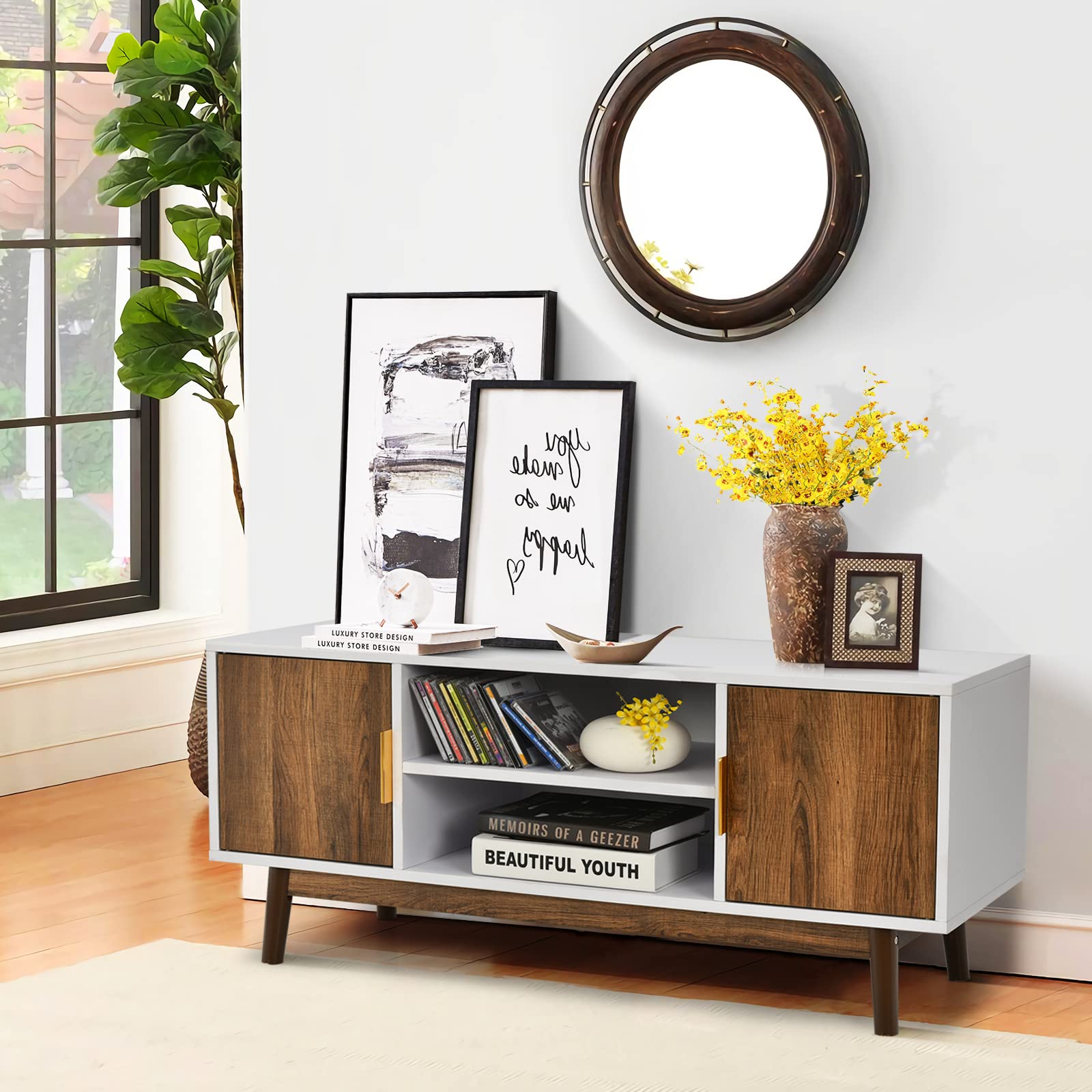 Giantex 2-Door TV Stand for Flat Screen TVs up to 50”, Entertainment Center w/Open Storage Shelf