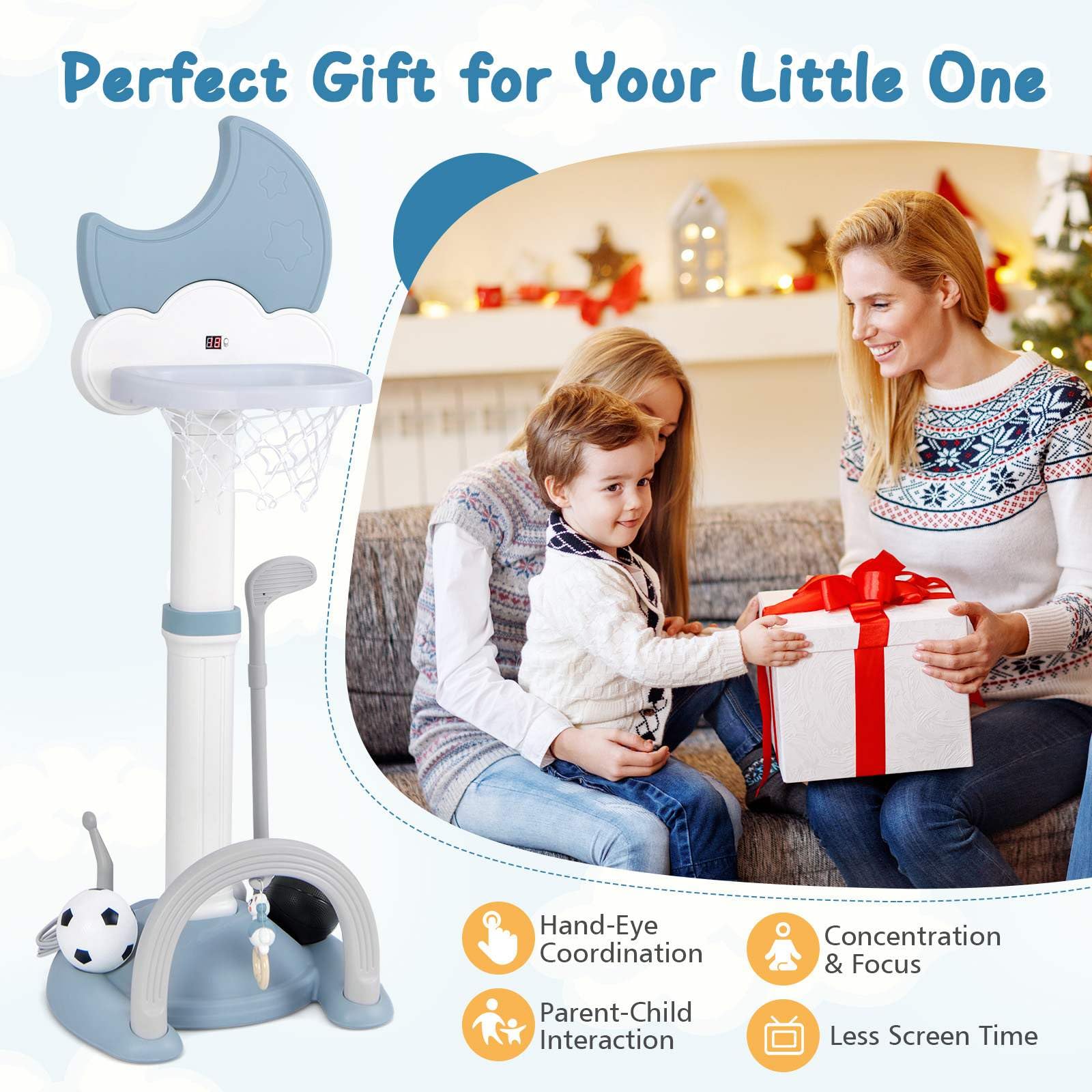 4-In-1 Kids Basketball Hoop, Adjustable Height Kids Sports Center w/Moon-shaped Electronic Scoreboard Ring Toss