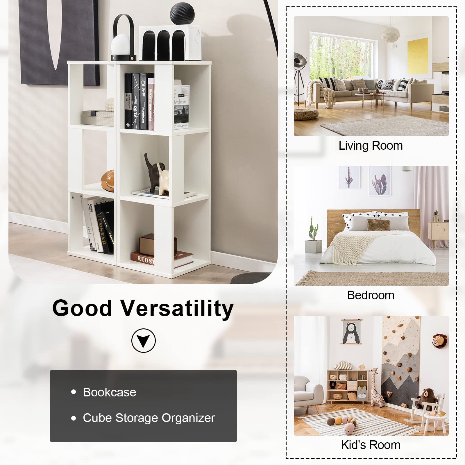 Giantex Bookcase, Freestanding 3-Tier Bookshelf, Asymmetric Display Shelf w/ 6 Compartments