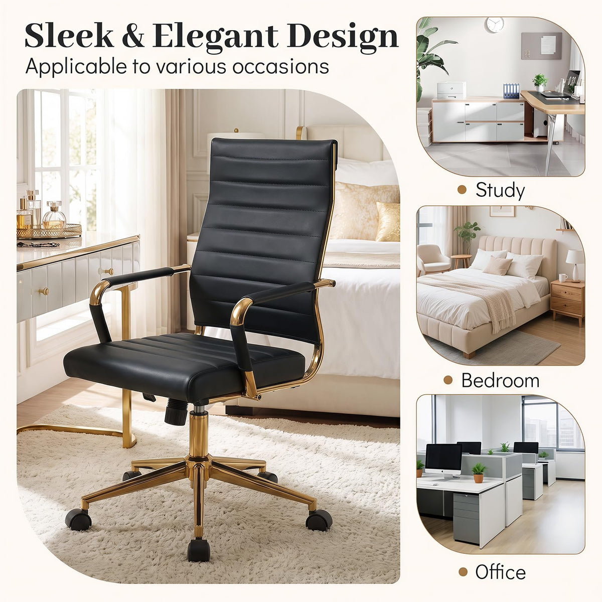 White and Gold Office Chair, Ribbed PU Leather Computer Desk Chair with Armrests & Reclining Backrest