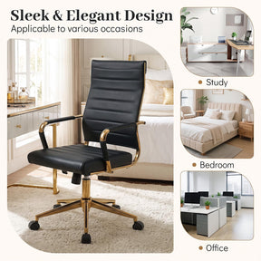 White and Gold Office Chair, Ribbed PU Leather Computer Desk Chair with Armrests & Reclining Backrest