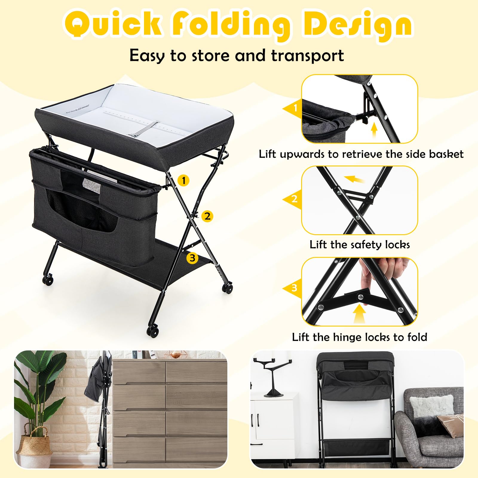 Foldable Baby Changing Table Portable Nursery Stand Organiser for Infant Newborn w/Large Storage Basket & Safety Belt