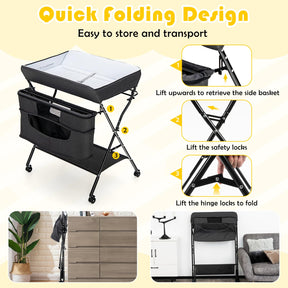 Foldable Baby Changing Table Portable Nursery Stand Organiser for Infant Newborn w/Large Storage Basket & Safety Belt