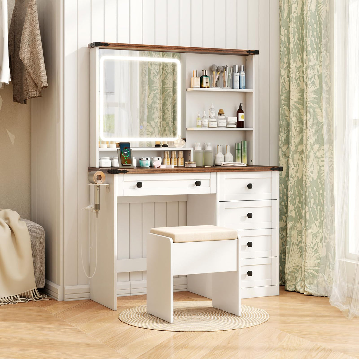 Giantex Farmhouse Vanity Set w/Mirror and Lights, Modern Dressing Table & Stool Set w/ 3-Color Lighting & Adjustable Brightness