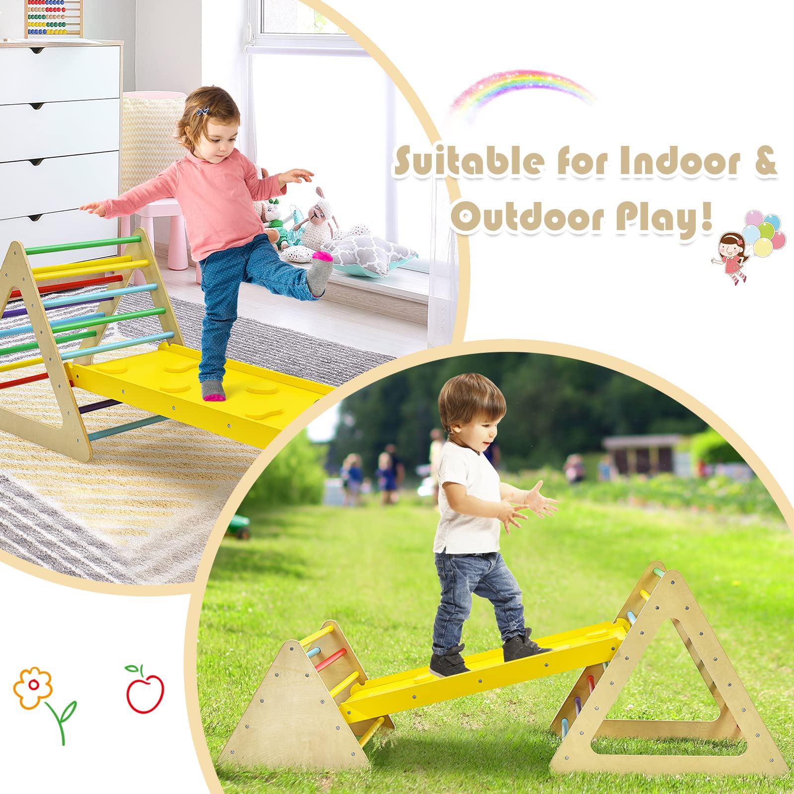 3 in 1 Triangle Climber with Ramp, 3 Piece Play Equipment Wooden Climbing Toys for Toddlers