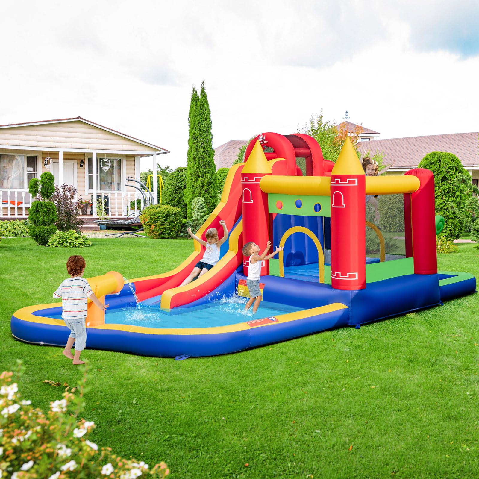 HONEY JOY Inflatable Water Slide, Outdoor Water Park Bouncy House with Ring-tossing with 680W Blower