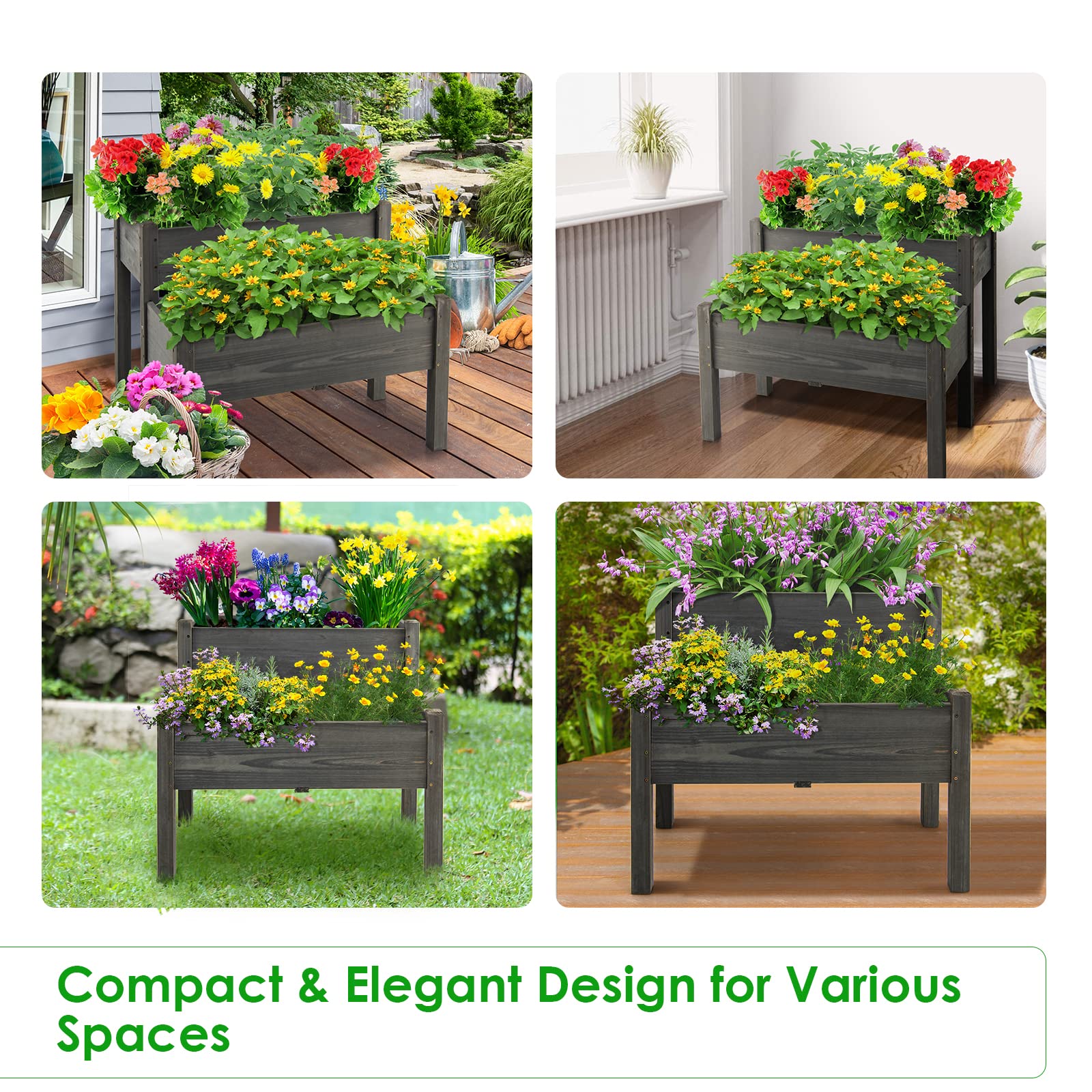 2 Tier Wooden Raised Garden Bed, Fir Wood Elevated Planter Garden Box