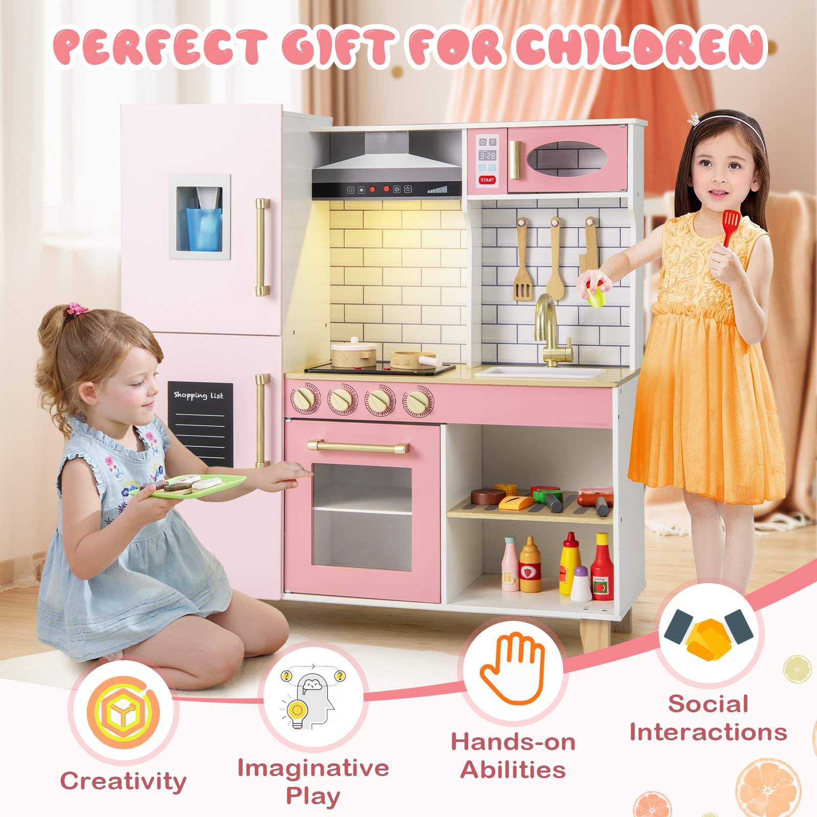 Kids Kitchen Playset, Wooden Pretend Play Kitchen w/Ice Maker, Range Hood, Blackboard