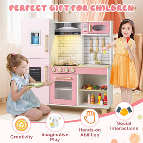Kids Kitchen Playset, Wooden Pretend Play Kitchen w/Ice Maker, Range Hood, Blackboard