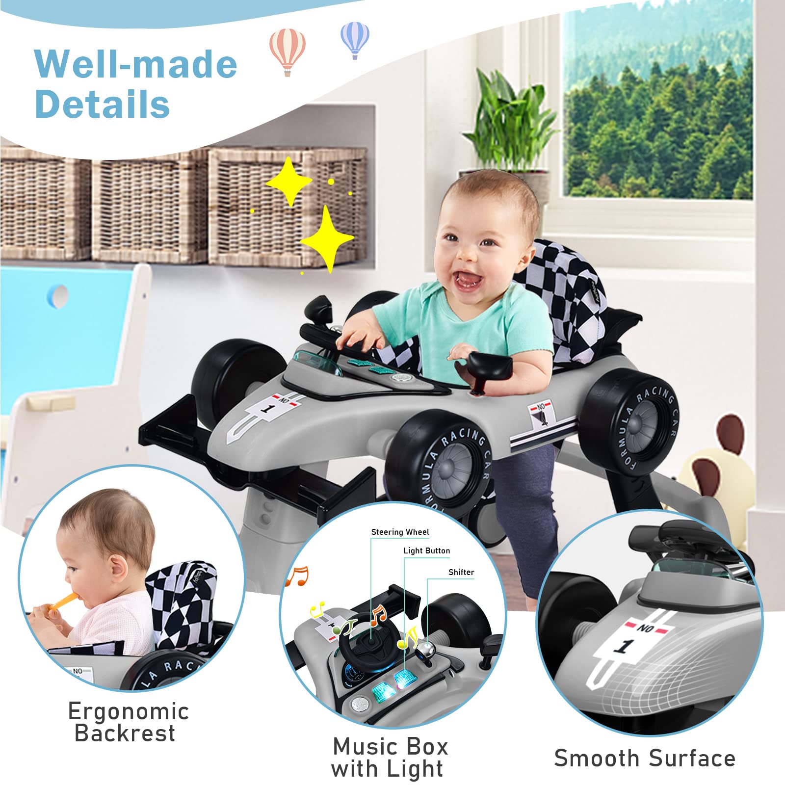 4-in-1 Baby Walker, Foldable Activity Car Baby Walker w/3 Adjustable Height