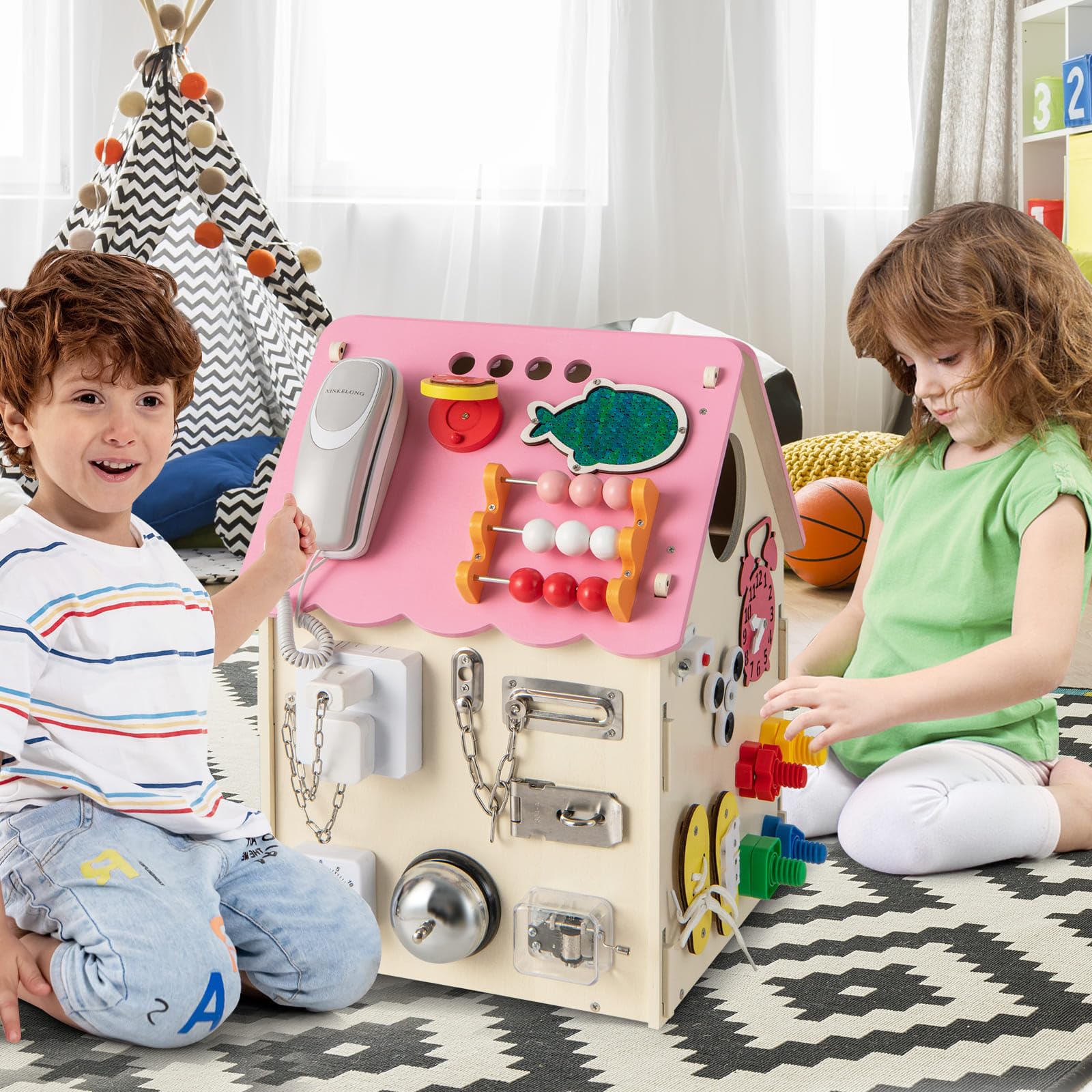 Kids Wooden Busy House Toy, Montessori Play House w/Sensory Games & Interior Storage Space