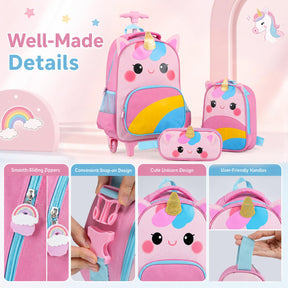 Wheeled Backpack with Lunch Box and Pencil Case, Travel Luggage for Kindergarten, Elementary Preschool Students