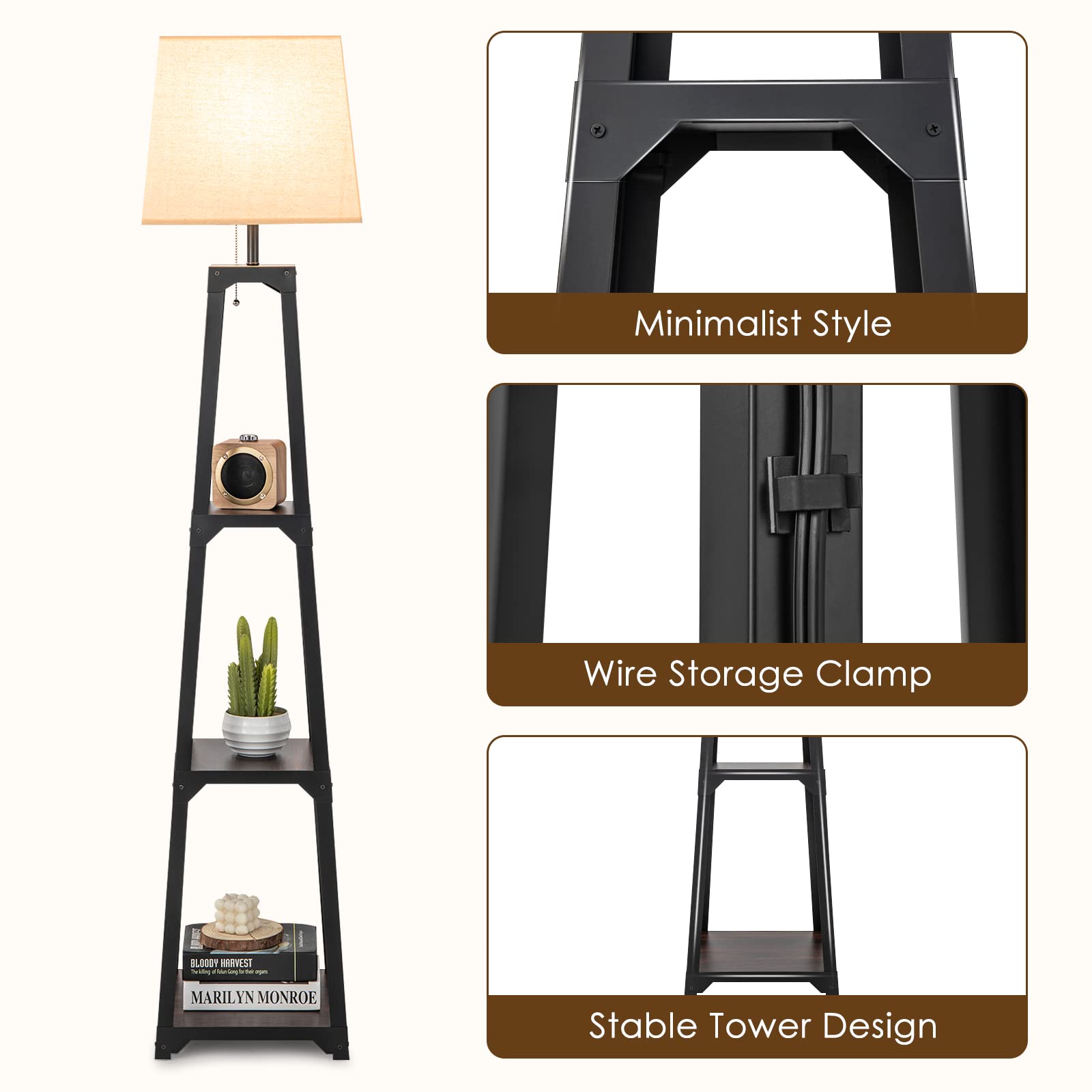 Shelf Floor Lamp, Display Floor Lamp with Shelves and Linen Lampshade