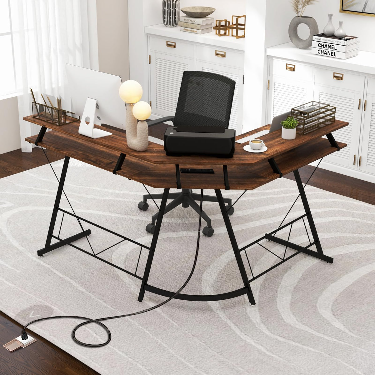 L-Shaped Computer Desk with Power Outlet, 130 cm Corner Computer Workstation with Monitor Stand