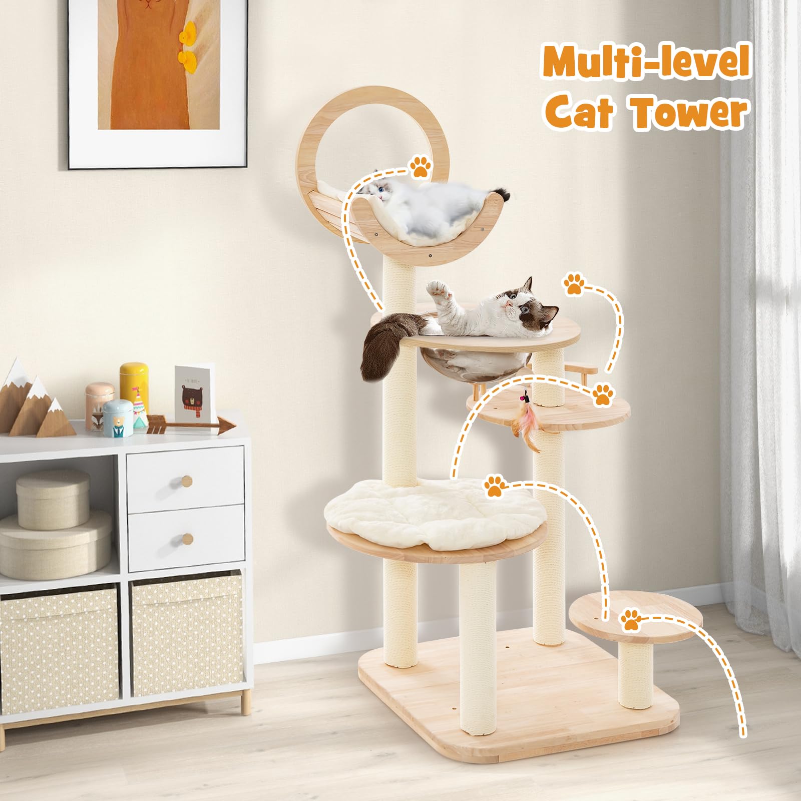 Building Block Cat Tree, 4-in-1 Large Wooden Cat Tower with Space Capsule Nest