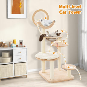 Building Block Cat Tree, 4-in-1 Large Wooden Cat Tower with Space Capsule Nest