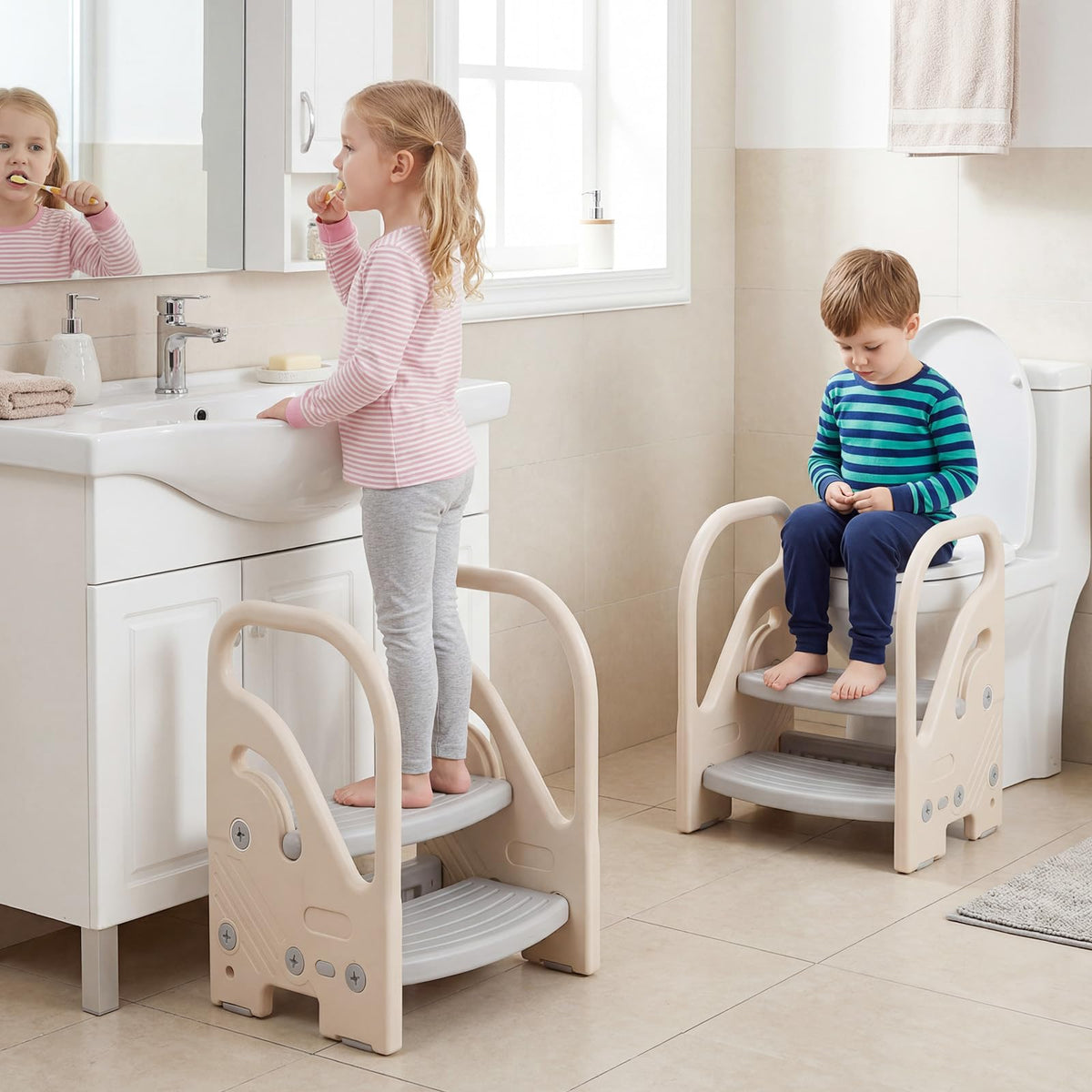 Toddler Step Stool, Adjustable 2/3-Step Helper Ladder Stool with Safety Handles & Non-slip Pads