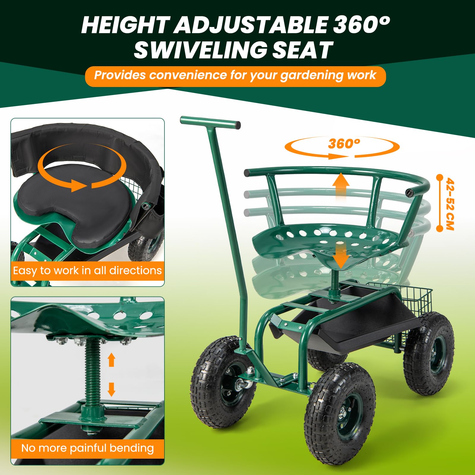 Rolling Garden Cart, Garden Scooter with Seat & Tool Storage, 2 Steering Handles