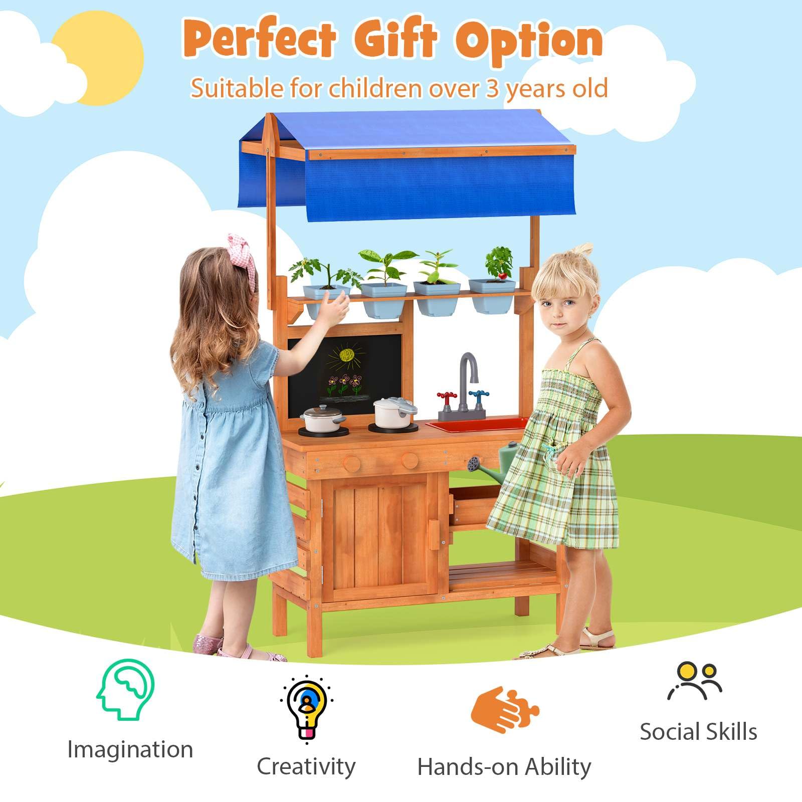 Mud Kitchen, Wooden Pretend Play Kitchen with Height Adjustable Canopy, Blackboard, Planting Cups, Stoves, Sink