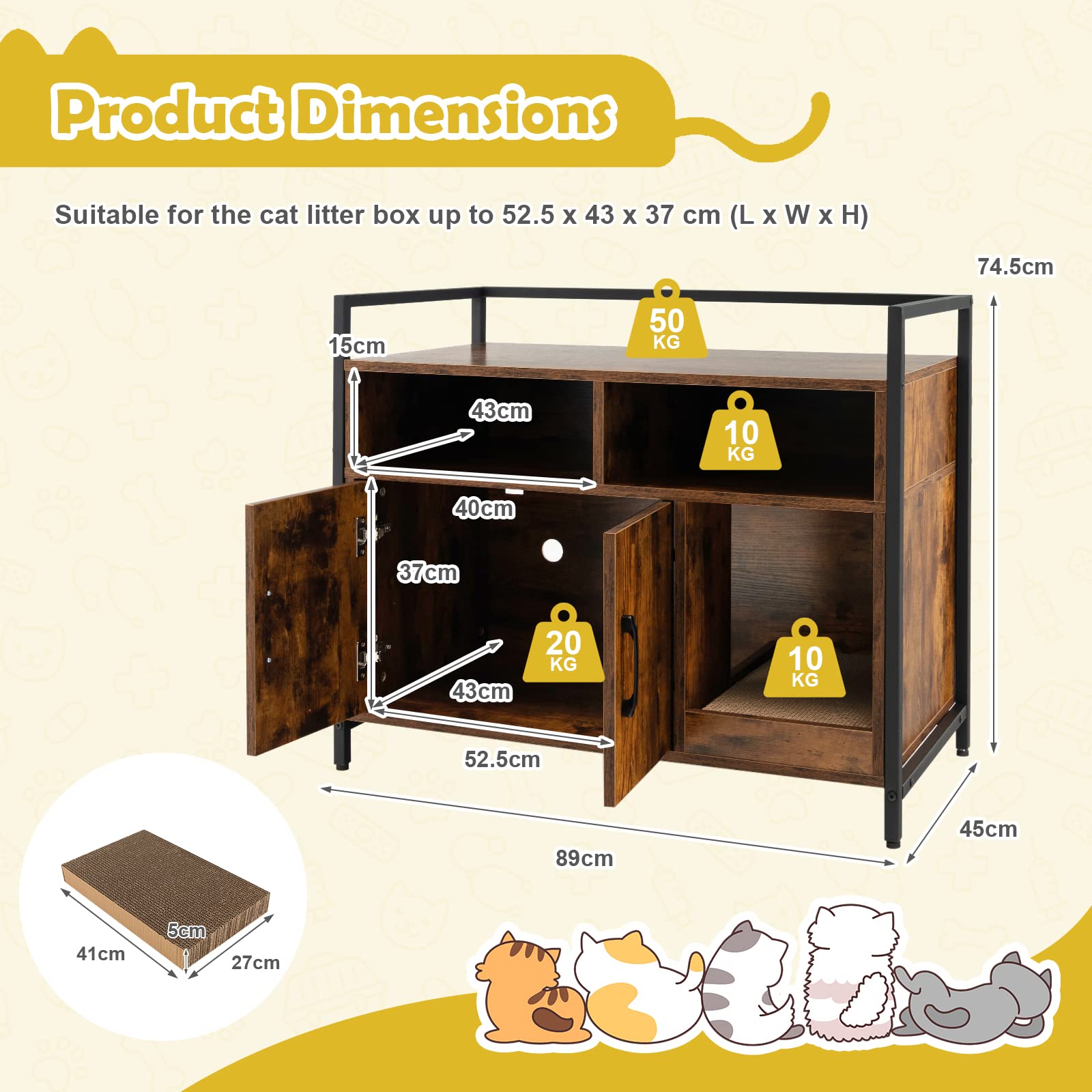 Cat Litter Box Enclosure, Hidden Cat Washroom w/Double Doors & Scratch Cardboard