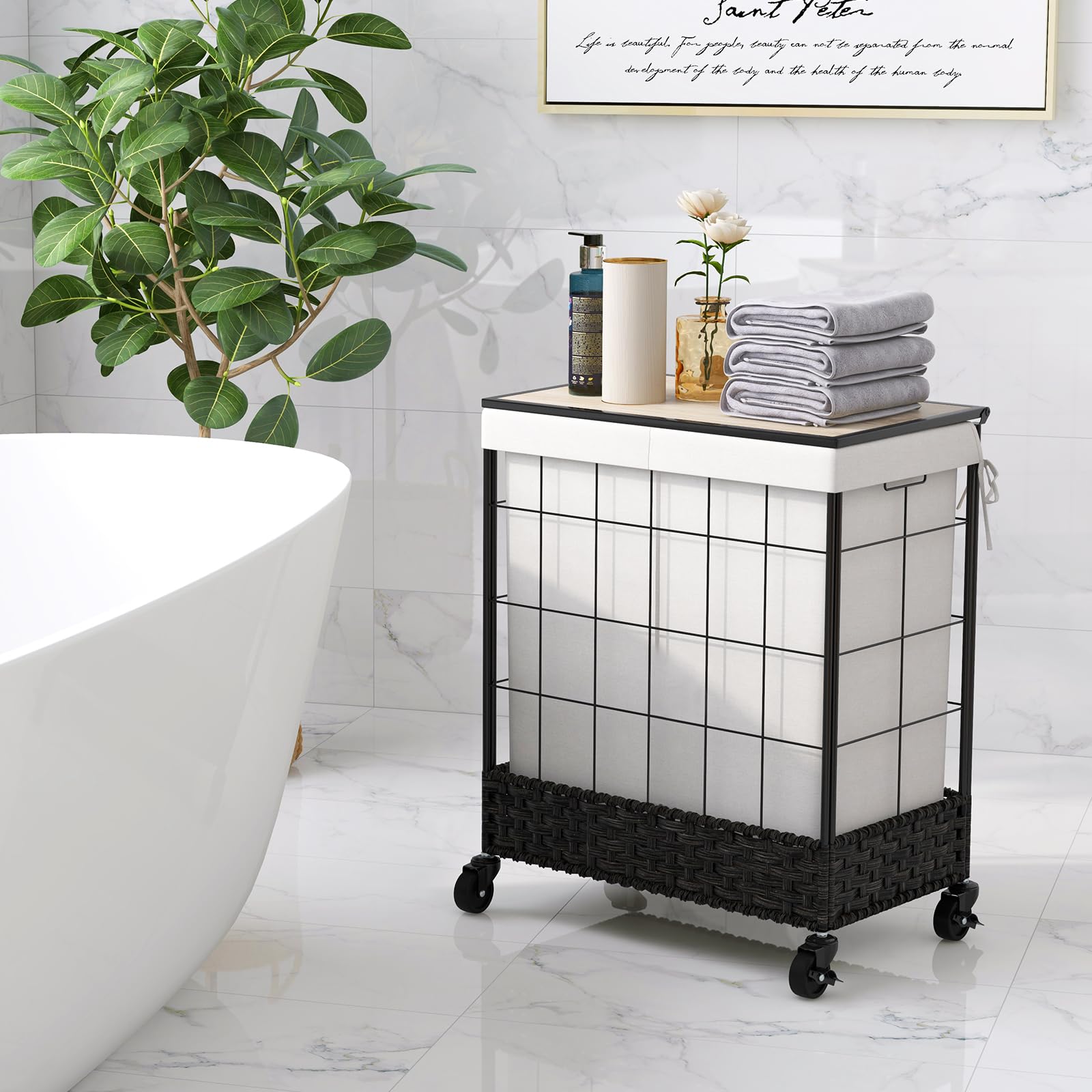 110/130L Laundry Hamper Handwoven Rattan Laundry Basket w/ Lid & Lockable Wheels