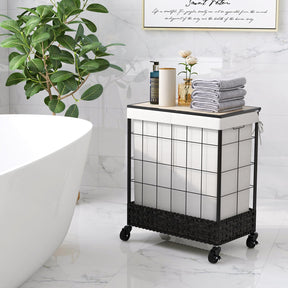 110/130L Laundry Hamper Handwoven Rattan Laundry Basket w/ Lid & Lockable Wheels