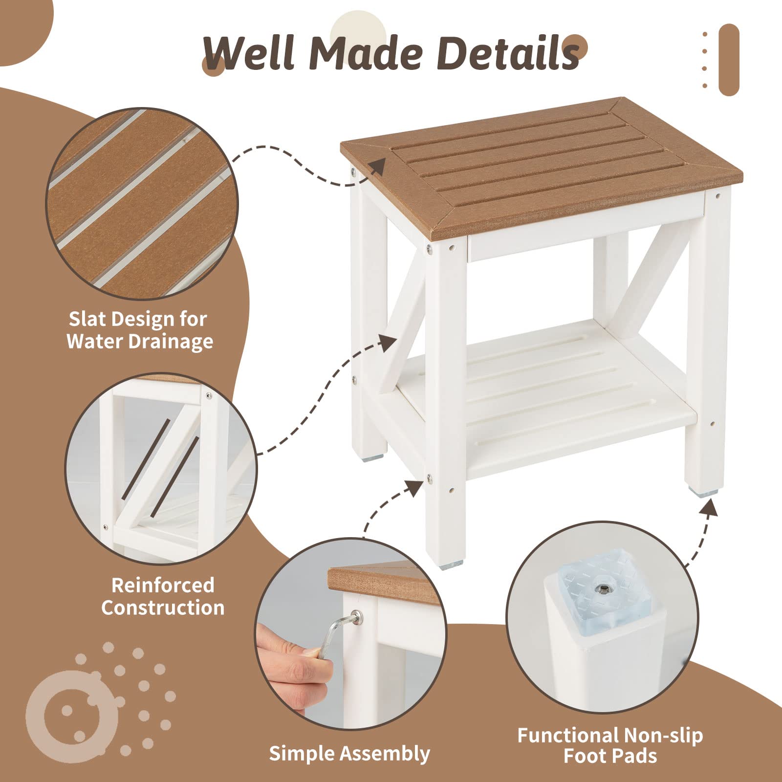 Waterproof Bathroom Shower Stool w/Bottom Storage Shelf & Non-Slip Foot Pads for Bath Spa & Shaving Legs