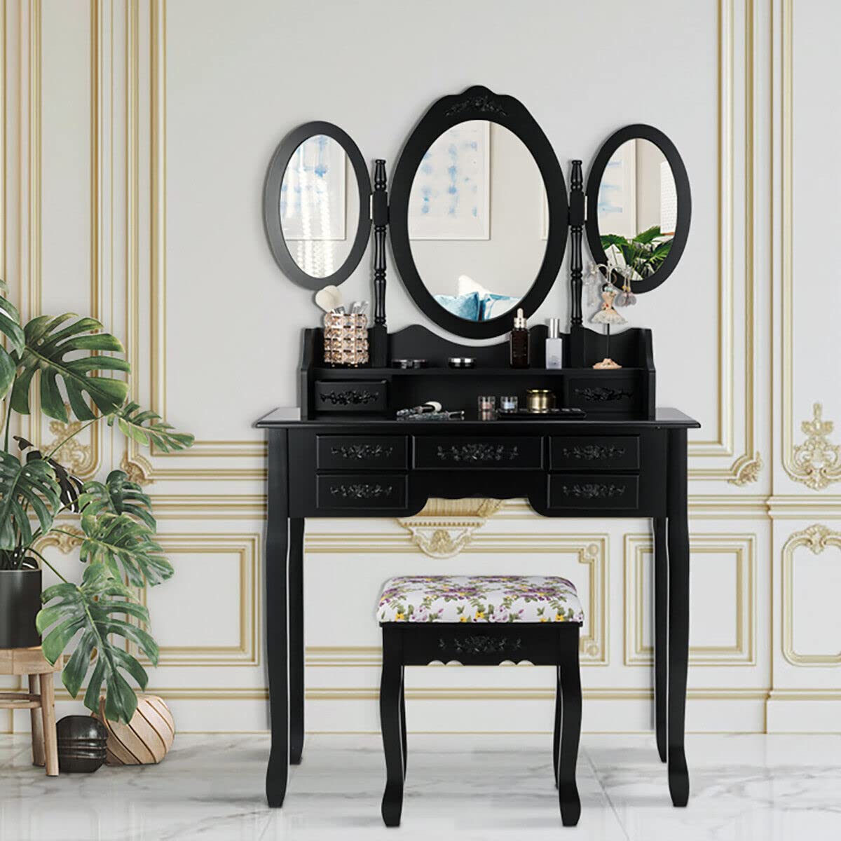 Giantex Folding Vanity Table Set with Mirrors, Elegant Makeup Table & Cushioned Stool Set w/ 7 Drawers and Open Shelf