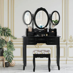Giantex Folding Vanity Table Set with Mirrors, Elegant Makeup Table & Cushioned Stool Set w/ 7 Drawers and Open Shelf