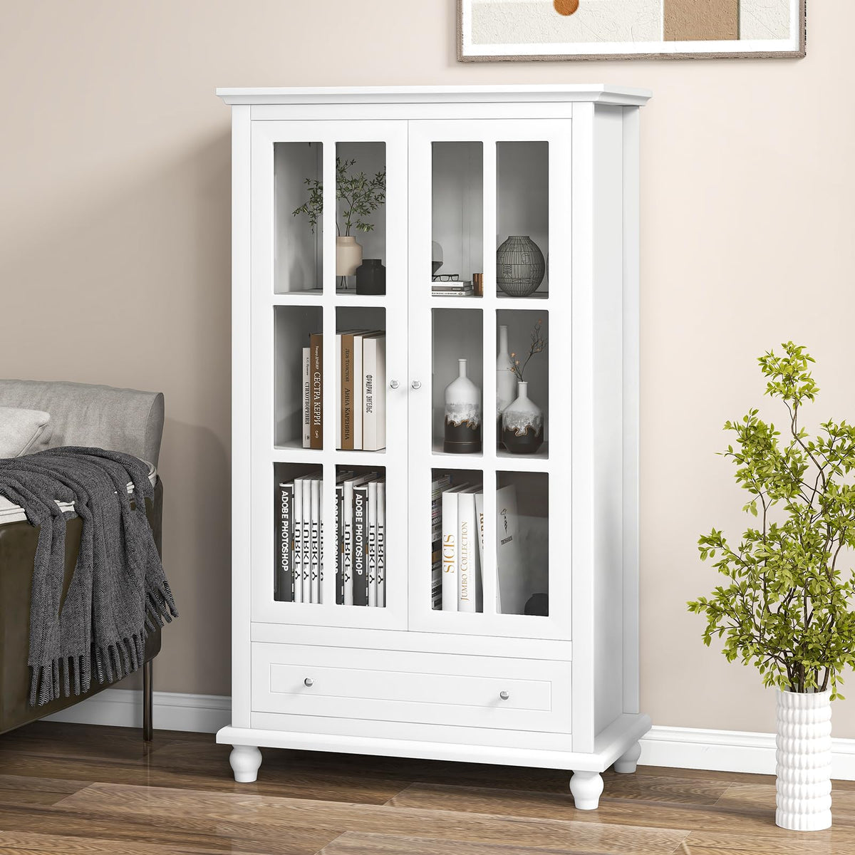 Bookcase Cabinet, 139 cm H Display Cabinet with Tempered Glass Doors, Adjustable Shelf