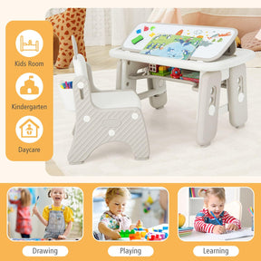 Kids Table & Chair Set, Graffiti Toddlers Art Table & Chair w/Flip-Top Bookshelf