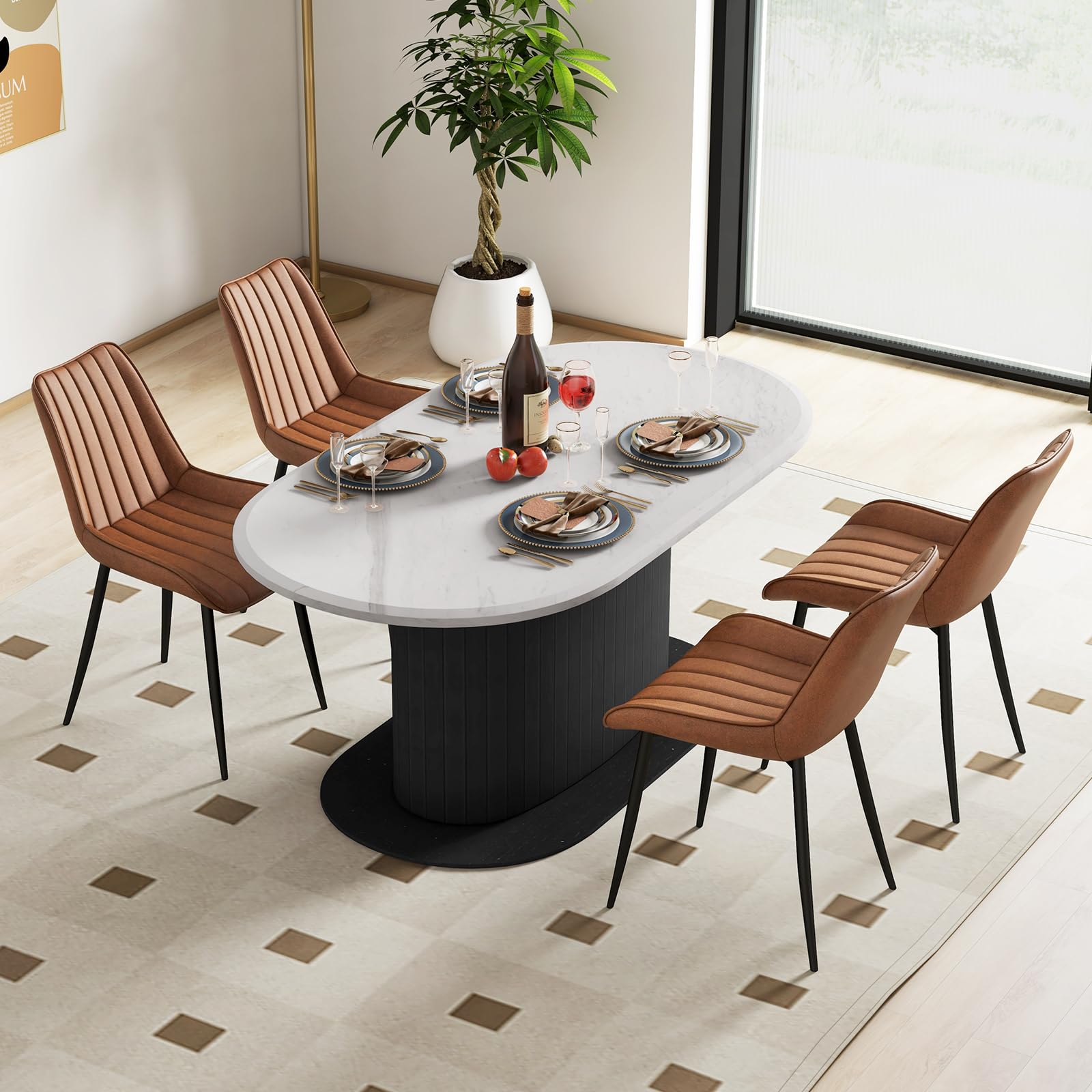 Giantex Dining Chair Set of 2, Faux-Leather Fabric Kitchen Dining Room Chairs, Upholstered Leisure Chairs w/Metal Legs