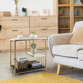 Giantex White Marble Side Table, 3-Tier End Table w/Golden Polished Steel Frame, Marble & Golden