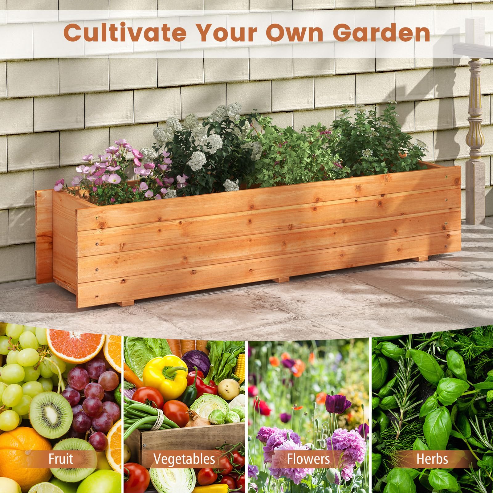 Raised Garden Bed, Fir Wood Planter Box with 2 Drainage Holes & 3 Added Bottom Crossbars