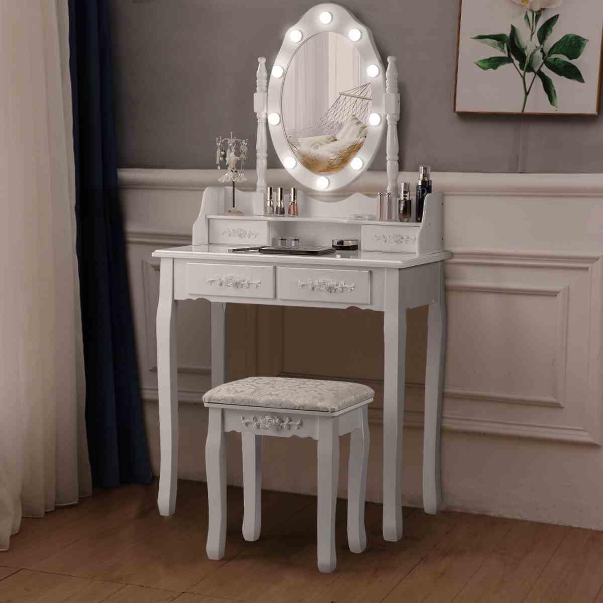 Makeup Vanity Set with Rotating Mirror and 10 LED Dimmable Bulbs