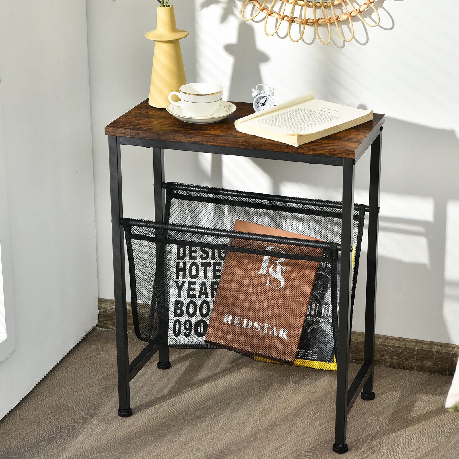 Giantex Industrial End Table, 2-Tier Narrow Small Side Accent Table with Mesh Magazine Holder Sling