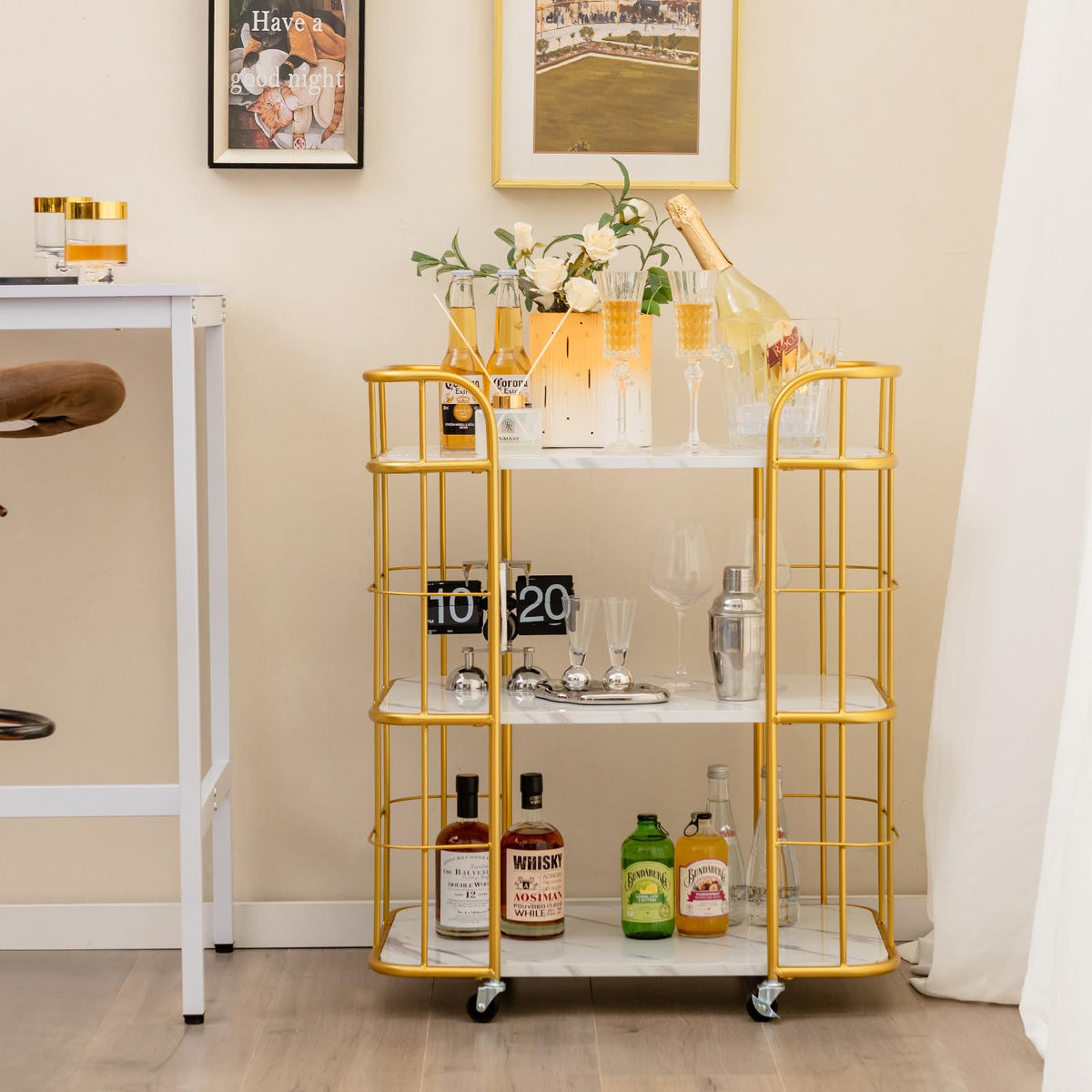 Gold Bar Cart, Home Island Service Cart, 3 Tier Storage Shelves with Guardrail, Imitation Marble Top