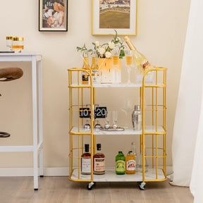 Gold Bar Cart, Home Island Service Cart, 3 Tier Storage Shelves with Guardrail, Imitation Marble Top