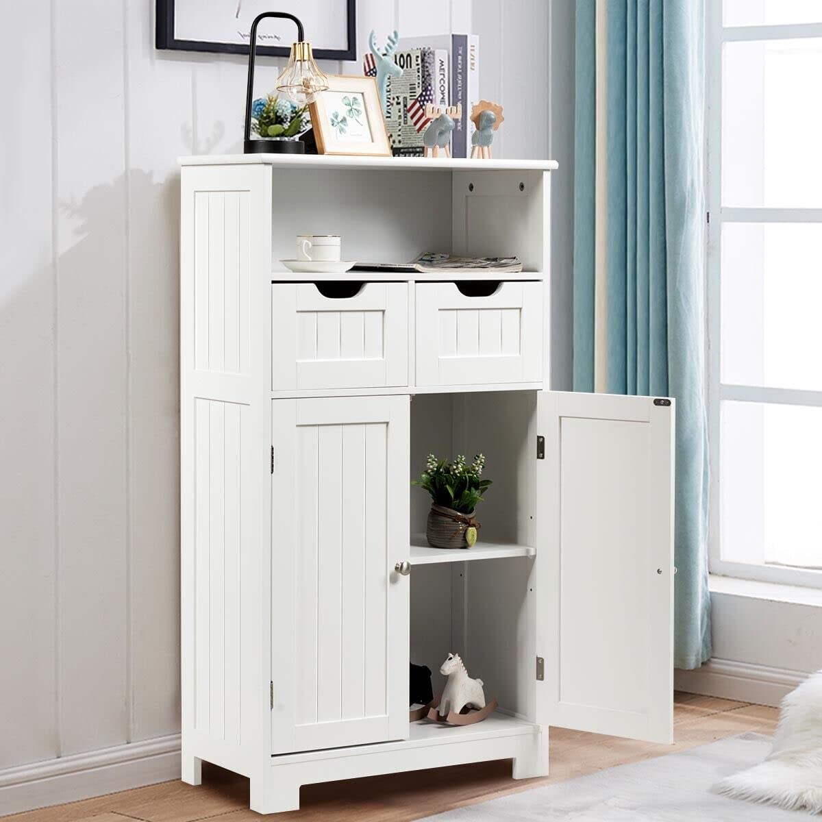 Bathroom Floor Cabinet, Storage Cabinet w/One Open Shelf Two Doors and Two Adjustable Drawers