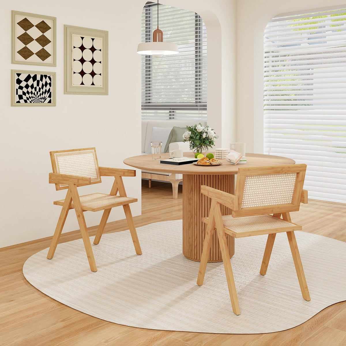 Rattan Dining Chair, Cane Kitchen Chair with Sturdy Bamboo Frame