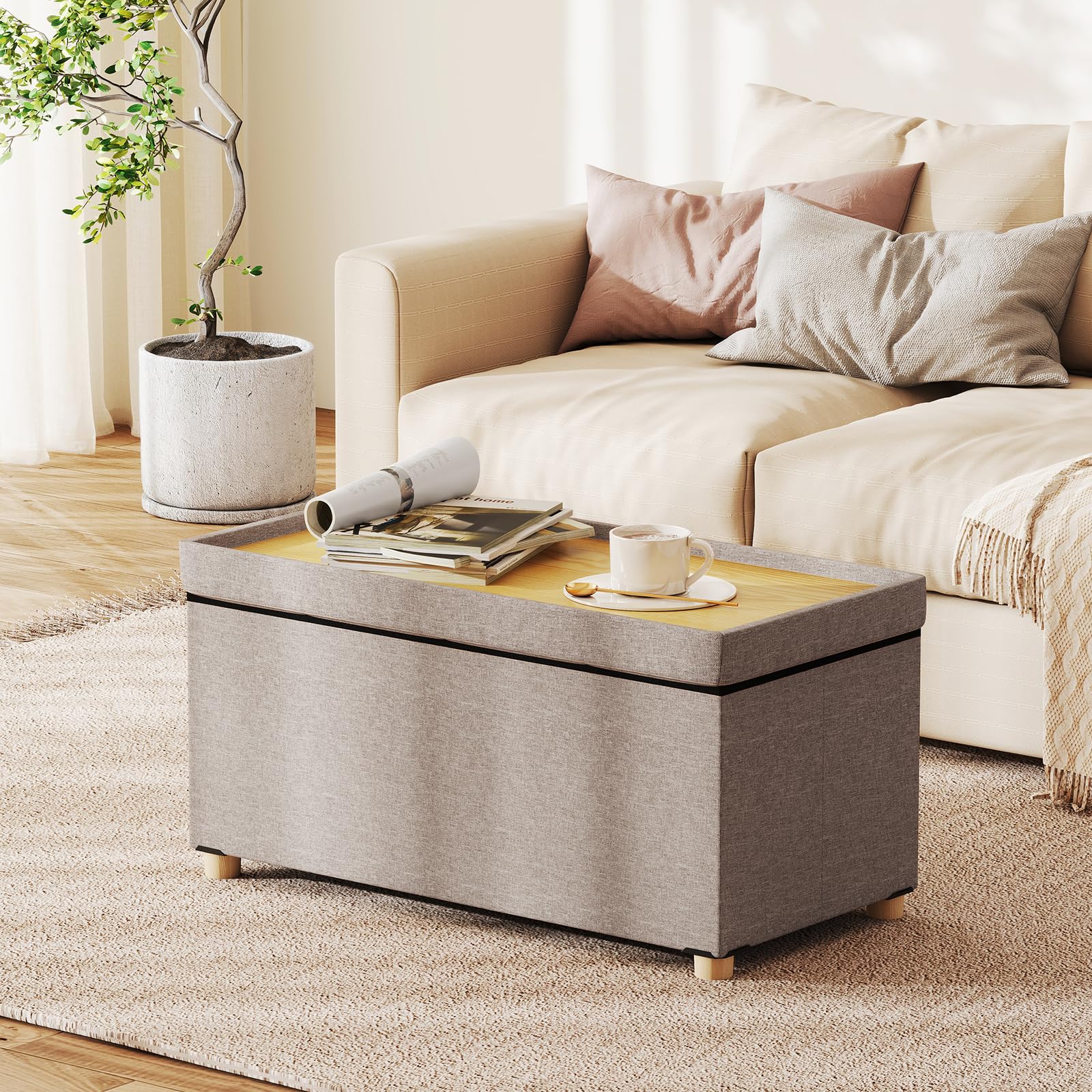 76cm Storage Ottoman Bench Linen Fabric End of Bed Bench