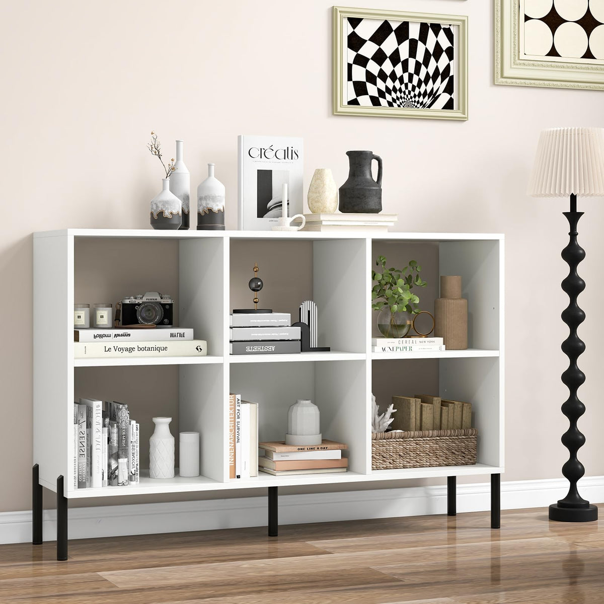 6-Cube Wooden Open Bookshelf with 5 Metal Legs