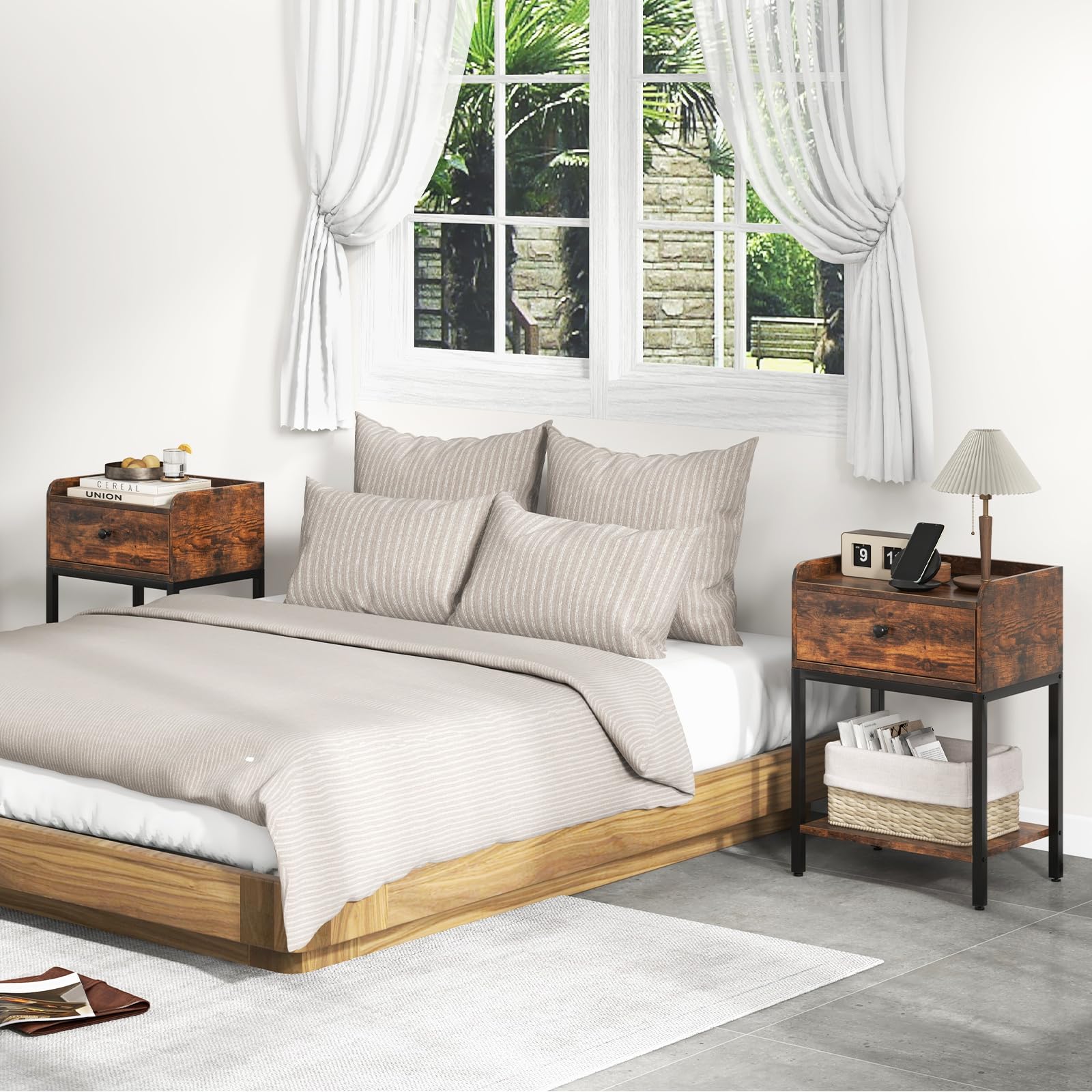 Giantex Bedside Table, Industrial Nightstand Sofa Side Table with Drawer and Open Storage Shelf