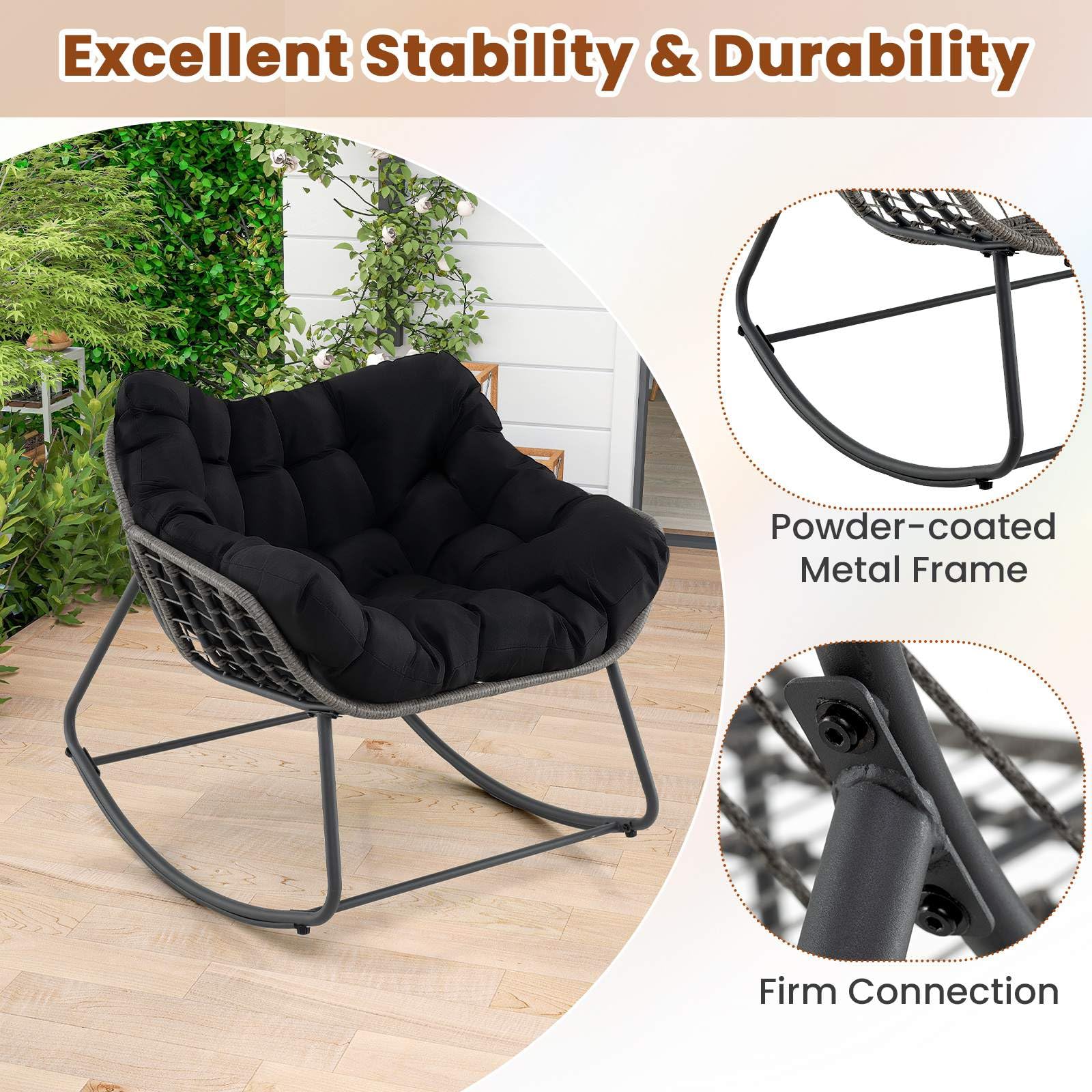 Outdoor Rocking Chair, Oversized Patio PE Wicker Egg Chair