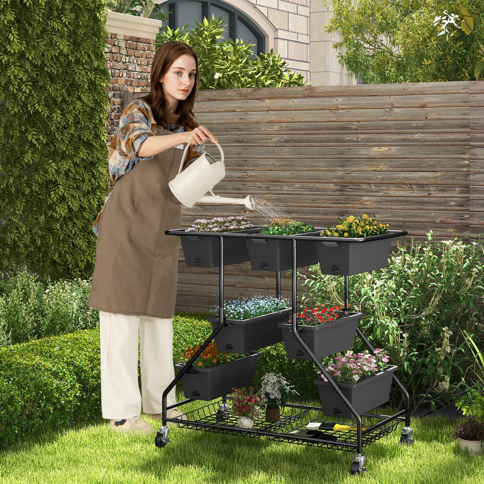 Vertical Raised Garden Bed w/7 Planter Boxes, Storage Baskets, Drainage Holes, 4 Lockable Casters